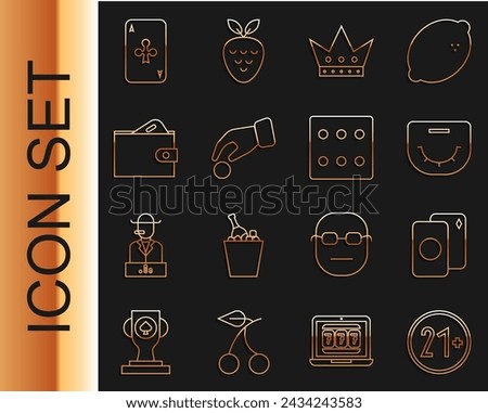 Set line 21 plus, Deck of playing cards, Poker table, King, Hand holding casino chips, Wallet with money, Playing clubs and Game dice icon. Vector