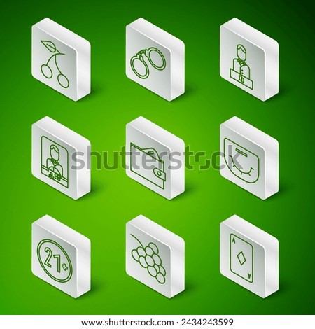 Set line Playing card with diamonds, Casino slot machine grape, cherry, Wallet money, dealer, Handcuffs, 21 plus and Poker table icon. Vector