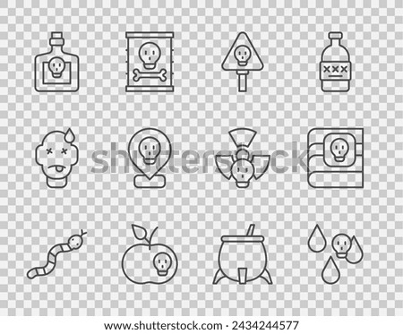 Set line Snake, Acid rain, Bones and skull, Poison apple, Bottle with potion, Radioactive location, Witch cauldron and Book about poisons icon. Vector