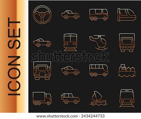 Set line Train and railway, Oil tanker ship, Delivery cargo truck, Bus, Car, Steering wheel and Helicopter icon. Vector