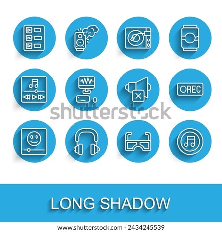 Set line Music player, Headphones, playlist, Glasses, note, tone, recording studio, Record button and Speaker mute icon. Vector