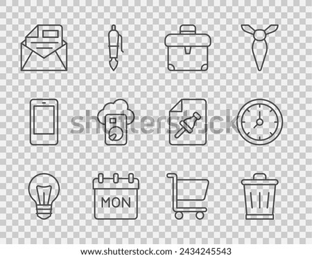 Set line Light bulb, Trash can, Briefcase, Calendar, Mail and e-mail, Cloud database, Shopping cart and Clock icon. Vector