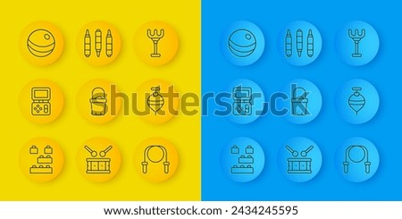 Set line Toy building block bricks, Tetris electronic game, Sand bucket, Jump rope, Whirligig toy, Beach ball, Rake and Marker pen icon. Vector