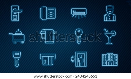 Set line Hotel building, Cocktail, Air conditioner, Towel hanger, Covered with tray of food, Digital door lock, key and Telephone handset icon. Vector