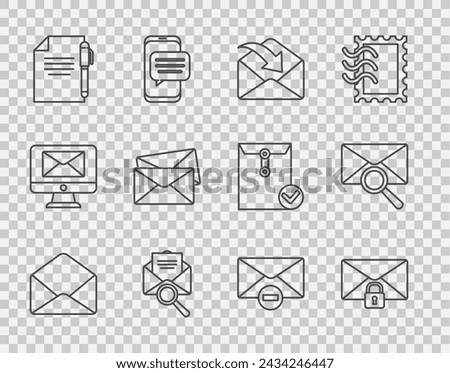 Set line Envelope, Mail message lock password, with magnifying glass, Document and pen, Delete envelope and  icon. Vector