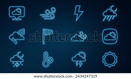Set line Sun, Weather forecast, Lightning bolt, Cone windsock wind vane, Rainbow with cloud and rain, Location, Windy weather and  icon. Vector