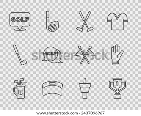 Set line Golf bag with clubs, Award cup golf, Crossed, Sun visor cap, label, tee and glove icon. Vector