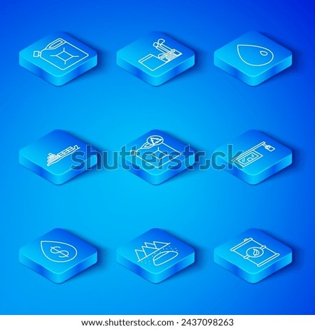 Set line Oil drop with dollar, Eco fuel canister, Oilfield, Gas filling station, tanker ship, Canister for gasoline and Bio barrel icon. Vector