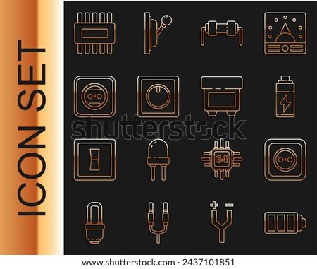 Set line Battery charge level indicator, Electrical outlet, Resistor electricity, light switch, Processor with microcircuits CPU and Fuse icon. Vector