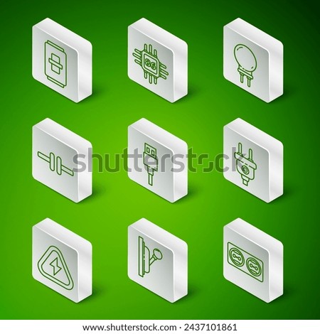 Set line Electrical outlet, panel, light switch, USB cable cord, circuit scheme, Processor with microcircuits CPU, High voltage and plug icon. Vector