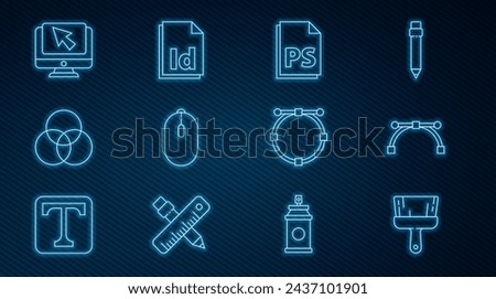 Set line Paint brush, Bezier curve, PS File document, Computer mouse, RGB and CMYK color mixing, monitor cursor, Circle with and ID icon. Vector