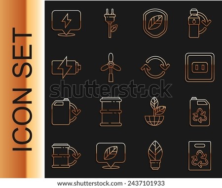 Set line Paper bag with recycle, Eco fuel canister, Electrical outlet, Shield leaf, Wind turbine, Battery, Lightning bolt and Refresh icon. Vector