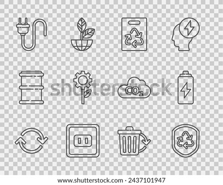 Set line Refresh, Recycle symbol inside shield, Paper bag with recycle, Electrical outlet, plug, Leaf plant gear machine, bin and Battery icon. Vector