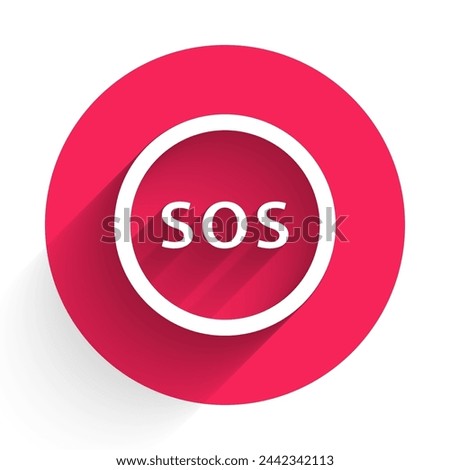 White Location with SOS icon isolated with long shadow. SOS call marker. Map pointer sign. Red circle button. Vector Illustration