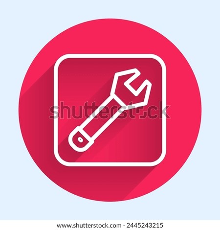 White line Wrench spanner icon isolated with long shadow background. Spanner repair tool. Service tool symbol. Red circle button. Vector