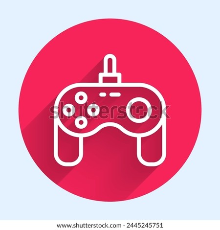 White line Gamepad icon isolated with long shadow background. Game controller. Red circle button. Vector