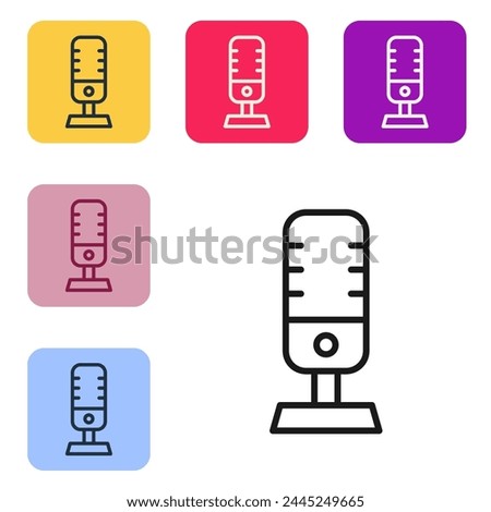 Black line Microphone icon isolated on white background. On air radio mic microphone. Speaker sign. Set icons in color square buttons. Vector