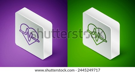 Isometric line Heart rate icon isolated on purple and green background. Heartbeat sign. Heart pulse icon. Cardiogram icon. Silver square button. Vector