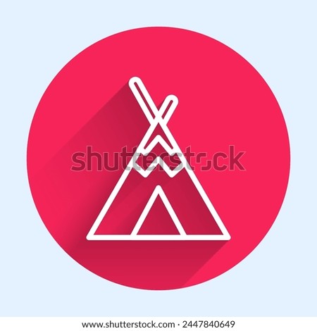 White line Traditional indian teepee or wigwam icon isolated with long shadow. Indian tent. Red circle button. Vector