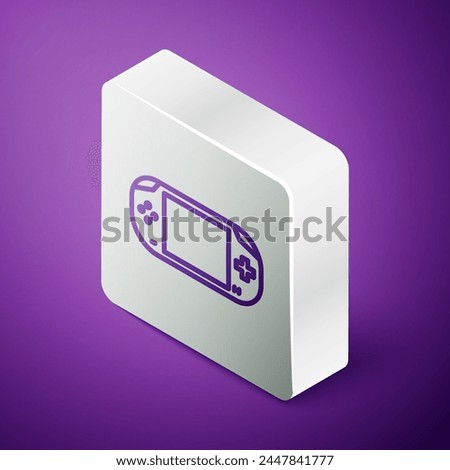 Isometric line Portable video game console icon isolated on purple background. Gamepad sign. Gaming concept. Silver square button. Vector Illustration