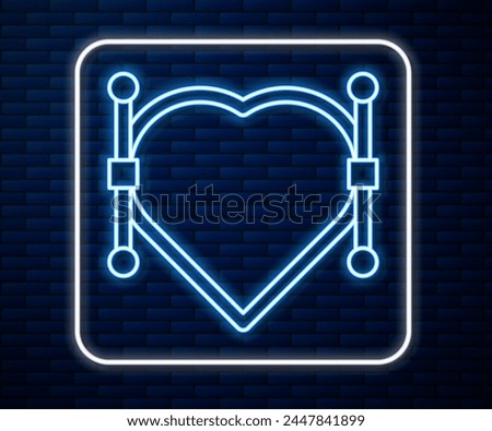 Glowing neon line Heart with Bezier curve icon isolated on brick wall background. Pen tool icon.  Vector Illustration