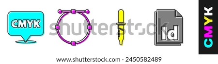 Set Speech bubble with text CMYK, Circle with Bezier curve, Pipette and ID File document icon. Vector