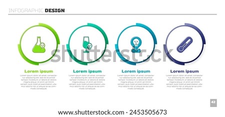 Set Beaker with toxic liquid, Poisoned alcohol, Radioactive in location and Thermometer. Business infographic template. Vector