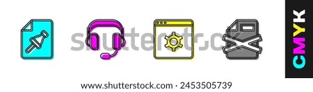 Set Note paper with push button, Headphones, Browser setting and Delete file document icon. Vector