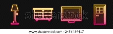 Set line Picture frame on table, Floor lamp, Chest of drawers and Closed door. Glowing neon icon. Vector