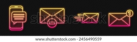 Set line Express envelope, Chat messages notification on phone, Delete envelope and Envelope. Glowing neon icon. Vector