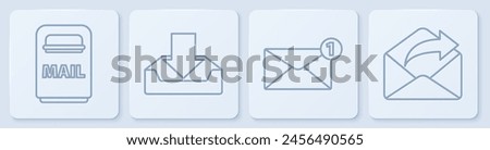 Set line Mail box, Envelope, Download inbox and Outgoing mail. White square button. Vector
