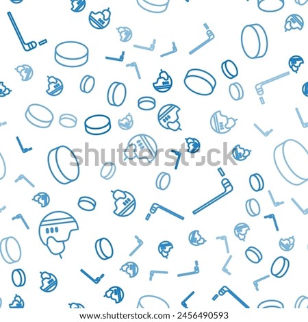 Set line Hockey helmet, Ice hockey stick and puck and Hockey puck on seamless pattern. Vector