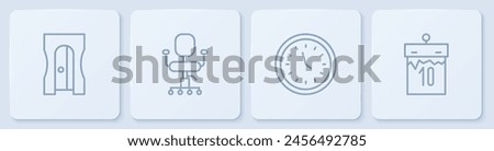 Set line Pencil sharpener, Clock, Office chair and Calendar. White square button. Vector