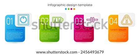 Set line Electric light switch, Battery charge level indicator, Electric circuit scheme and Exclamation mark in triangle. Business infographic template. Vector