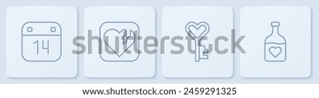 Set line Calendar with February 14, Key in heart shape, Broken or divorce and Bottle love potion. White square button. Vector