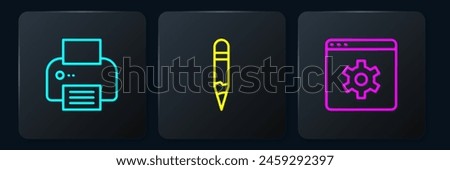 Set line Printer, Browser setting and Pencil. Black square button. Vector