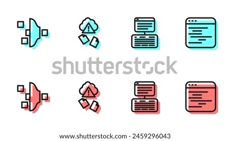 Set line Server, Data, Web Hosting, Filter setting, Cloud hacking and Software icon. Vector