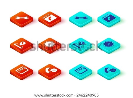 Set Online quiz, test, survey, Declined or missed phone call, Call center location, Clock, Phone book and Wrench spanner icon. Vector