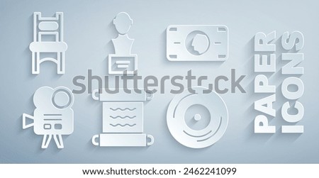 Set Papyrus scroll, Stacks paper money cash, Retro cinema camera, Vinyl disk, Gypsum head sculpture bust and Chair icon. Vector