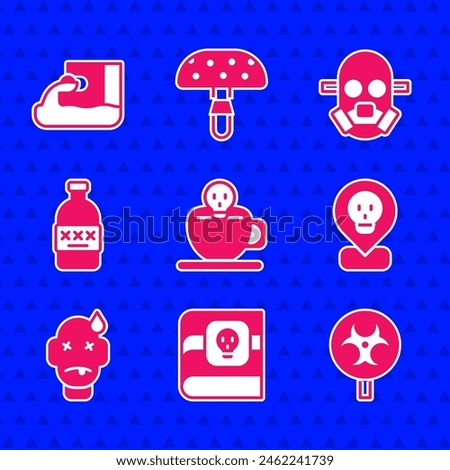 Set Coffee cup with skull, Book about poisons, Biohazard symbol, Radioactive in location, Man poisoning, Poisoned alcohol, Gas mask and Wastewater icon. Vector