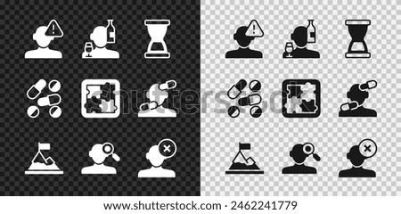 Set Finding a problem in psychology, Alcoholism, Old hourglass, Mountains with flag on top, Solution, Medicine pill or tablet and  icon. Vector