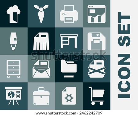 Set Shopping cart, Delete file document, Floppy disk, Printer, Paper shredder, Marker pen, Cloud database and Office desk icon. Vector