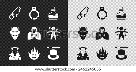 Set Hand saw, Magic stone ring with gem, Bottle potion, Vampire, Fire flame, hat wand, Mask of the devil horns and Mantle, cloak, cape icon. Vector