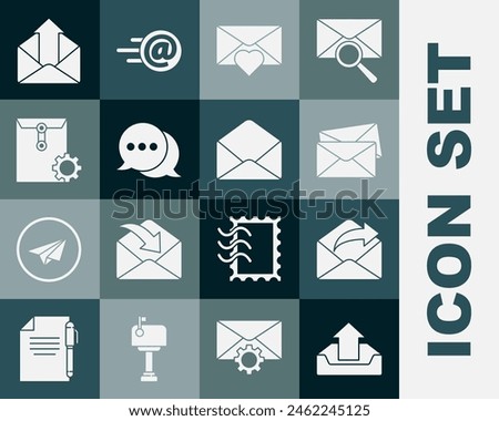 Set Upload inbox, Outgoing mail, Envelope, with Valentine heart, Speech bubble chat, setting,  and  icon. Vector
