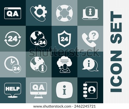 Set Address book, Information, Telephone 24 hours support, Lifebuoy, Question and Answer and  icon. Vector