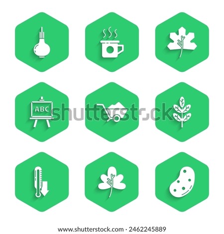 Set Wheelbarrow with dirt, Leaf or leaves, Potato, Meteorology thermometer, Chalkboard,  and Onion icon. Vector