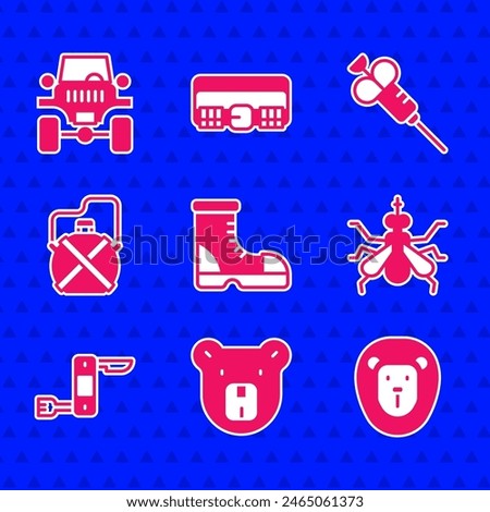 Set Hunter boots, Bear head, Wild lion, Mosquito, Swiss army knife, Canteen water bottle, Syringe and Off road car icon. Vector