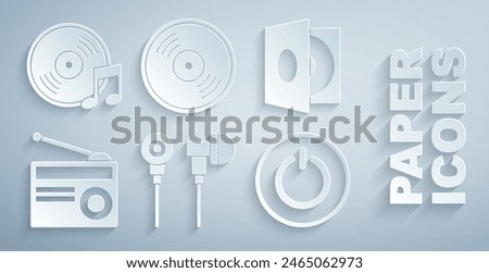 Set Air headphones, Vinyl player with vinyl disk, Radio antenna, Power button,  and  icon. Vector
