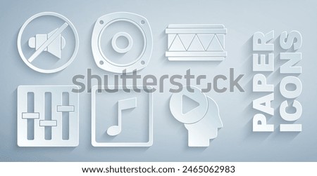 Set Music note, tone, Drum, Sound mixer controller, Head people with play button, Stereo speaker and Speaker mute icon. Vector