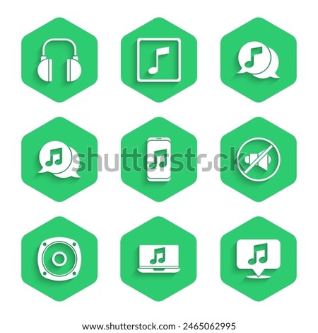 Set Music player, Laptop with music note, Musical in speech bubble, Speaker mute, Stereo speaker,  and Headphones icon. Vector